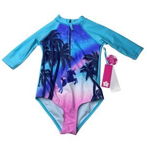 LIMITED TOO 3T Toddler Girl's Long Sleeve Rash Guard Swimsuit 1 Pc Unicorn Palm